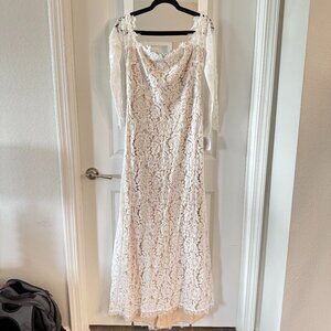 LULU’S Lace Sheath Off-White Floor length Off The Shoulder Wedding Dress, NWT!